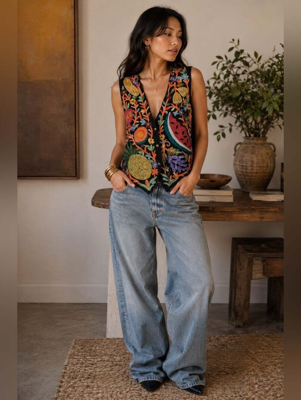 Vintage 80s 90s Magazine Embroidered Fruit Salad Vest L Black Boho Cottagecore